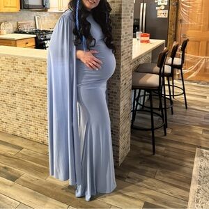Elegant Maternity Maxi Dress in Light Blue with Cape